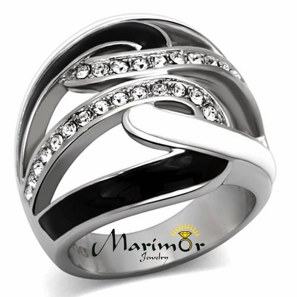 Women’s Black & White Epoxy AAA Grade Crystal Stainless Steel Ring Size 5-10