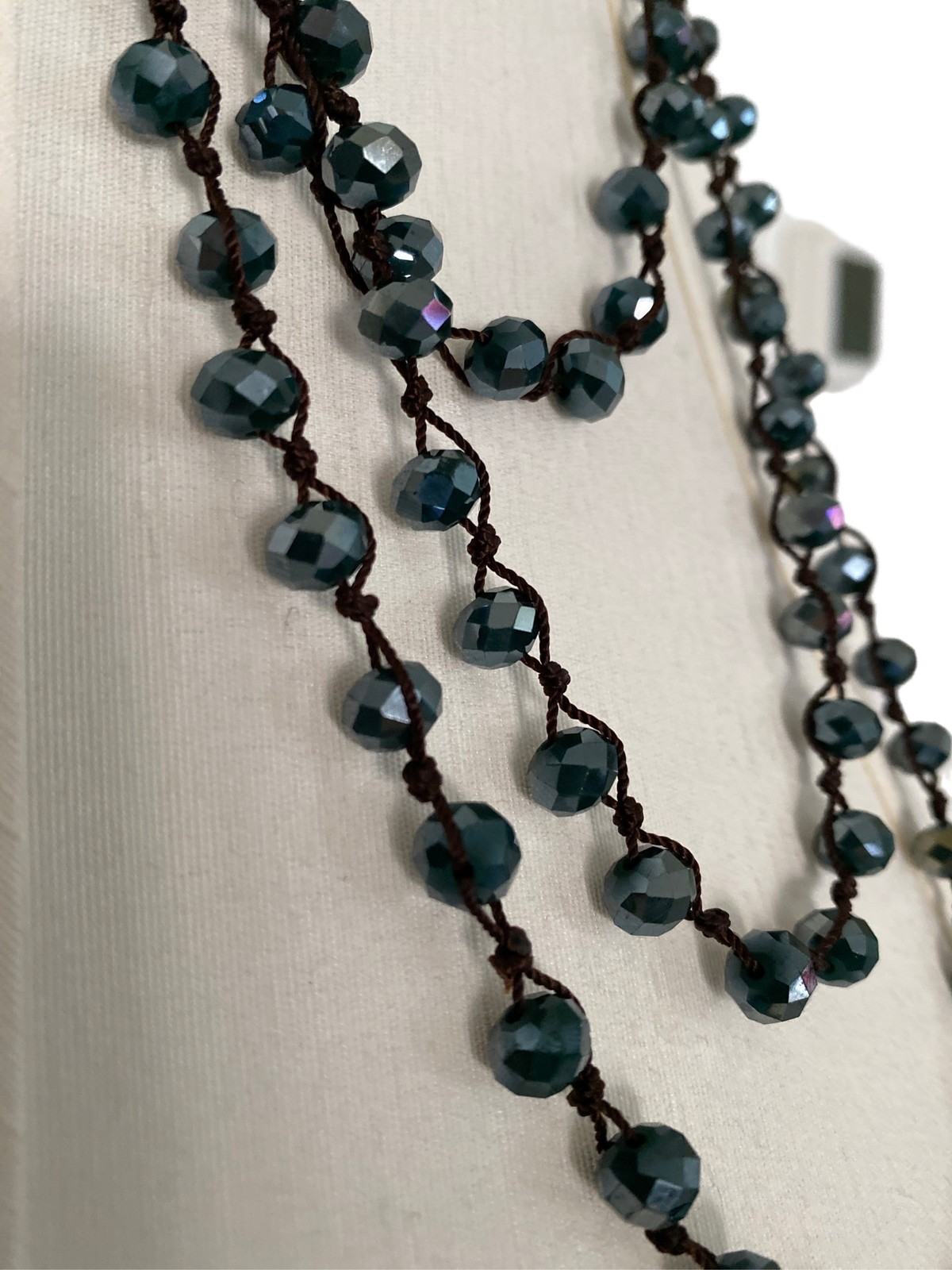 Iridescent Blue Faceted Necklace Crystal Beaded 1-Long Strand Black Thread 69g