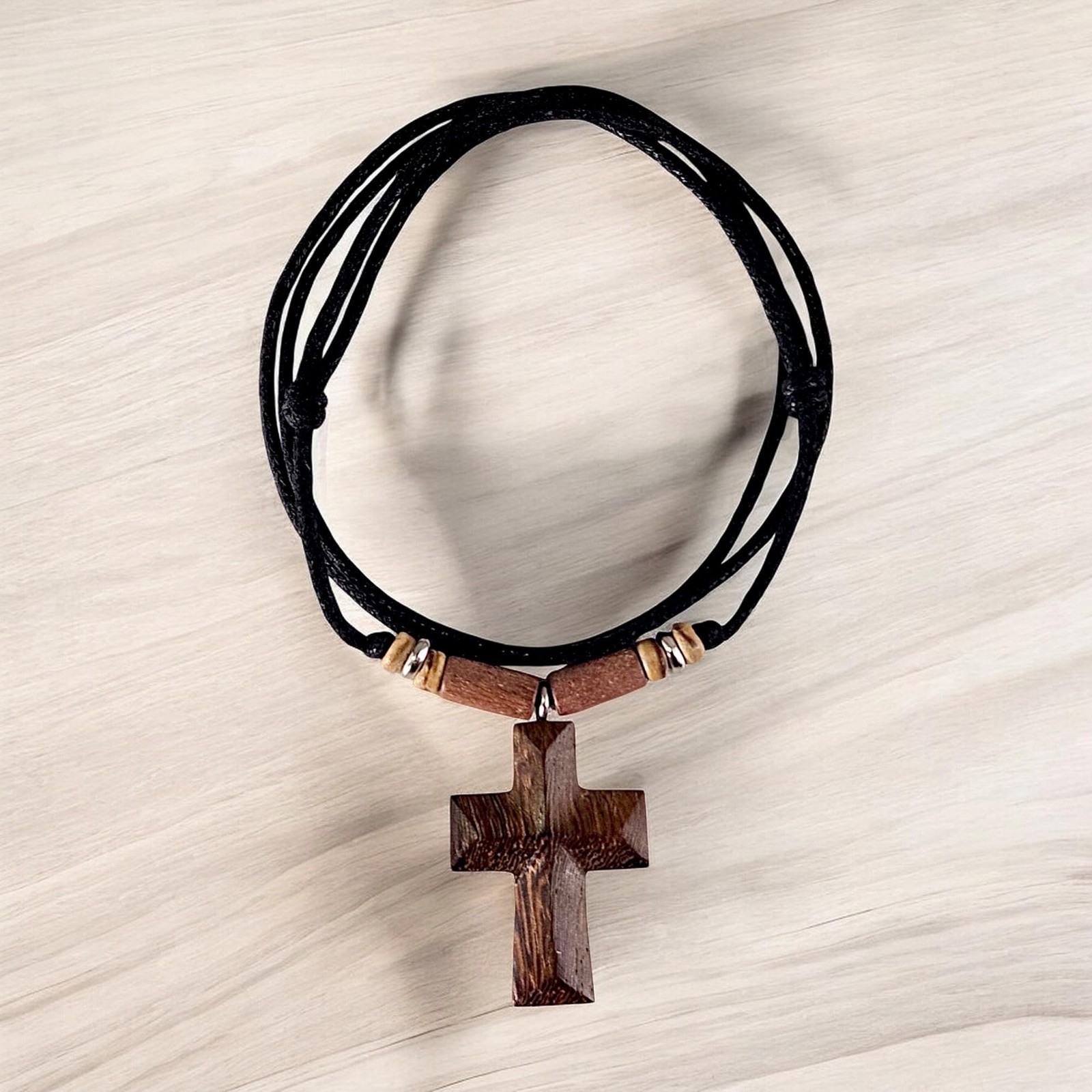 Hand Carved Wood Cross on Adjustable Black Cord Necklace