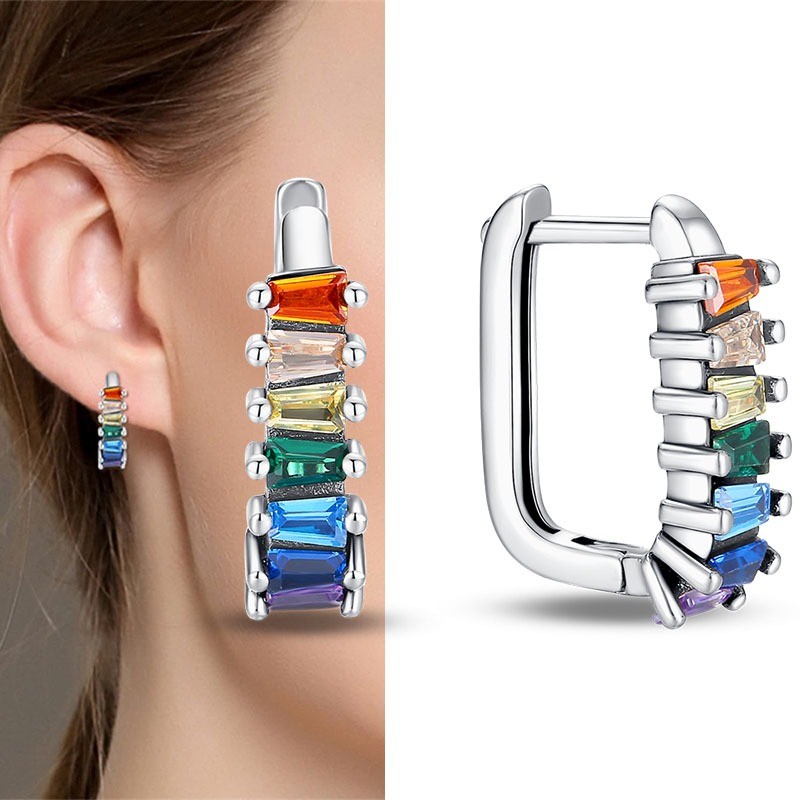 PANDACH 925 Sterling Silver Abstract Stone CZ Statement Hoop Earrings For Women