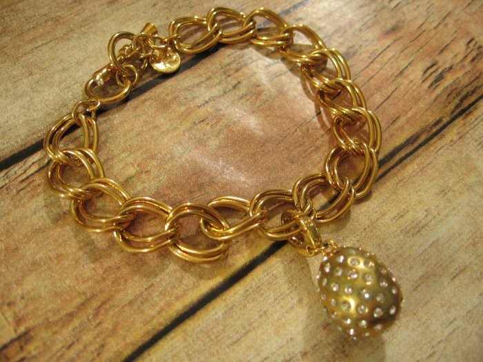 Spartina 449 Double Link Bracelet w/ Rhinestone Egg Orb Clip On Gold Plated