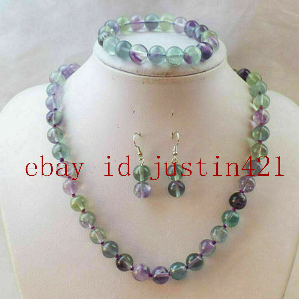 Natural 8/10mm Multicolor Fluorite Gemstone Beads Necklace Bracelet Earrings Set