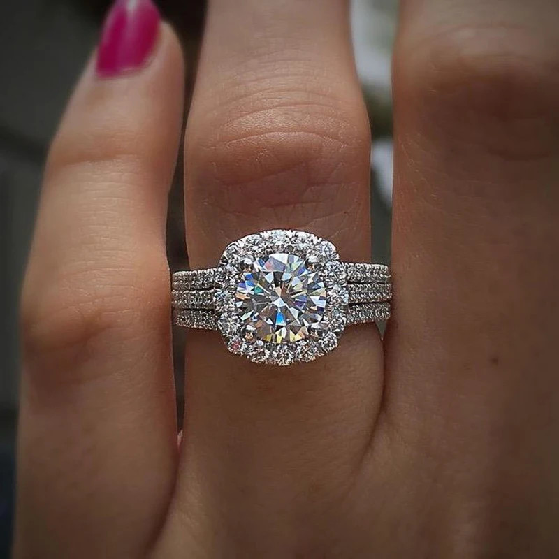 Cubic Zirconia Wedding Band Prong Setting Geometric Engagement Women Jewelry