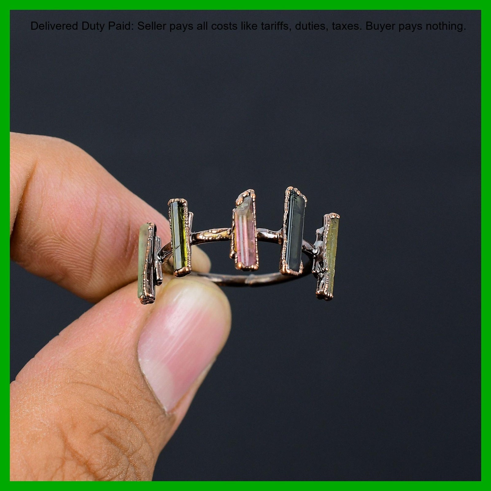 Multi Tourmaline Rough Stone Copper Sister Solitaire Electroformed Ethnic Ring