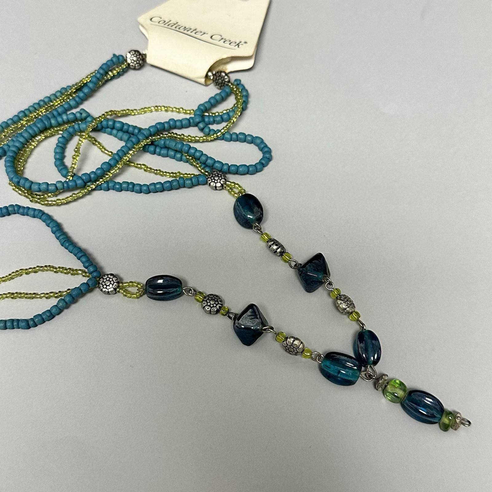 Coldwater Creek Beaded Necklace Silver Tone Green Blue Glass Beads Long Length