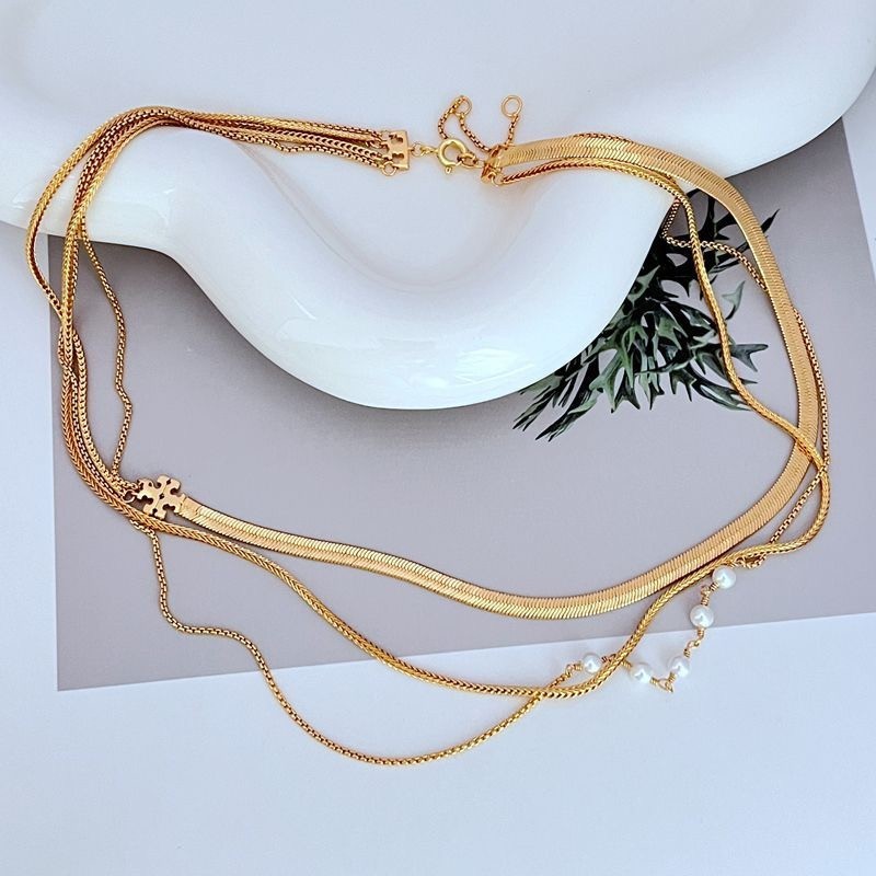 New Tory Three Chain Gold Necklace Pearl with Jewelry Pouch Size length: 46.5cm