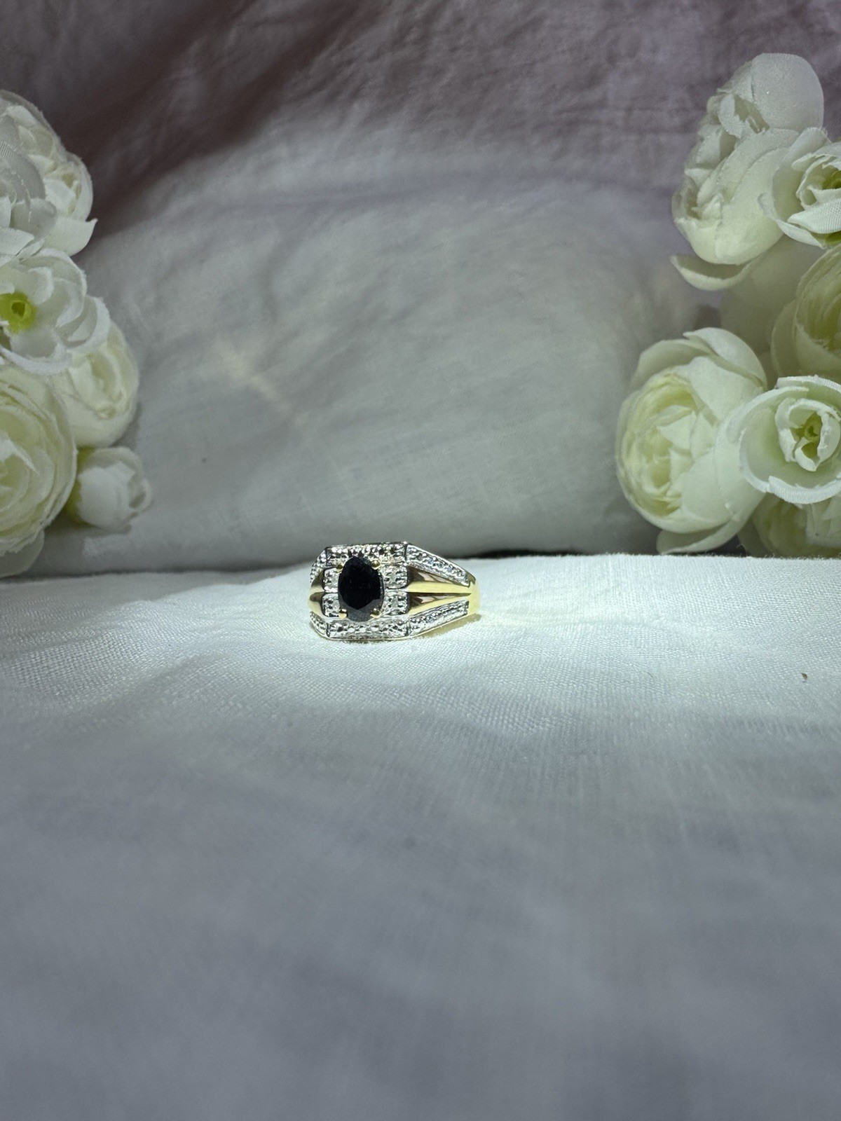 14K Yellow Gold Over Solid Sterling Silver Sapphire and Diamond Size 7