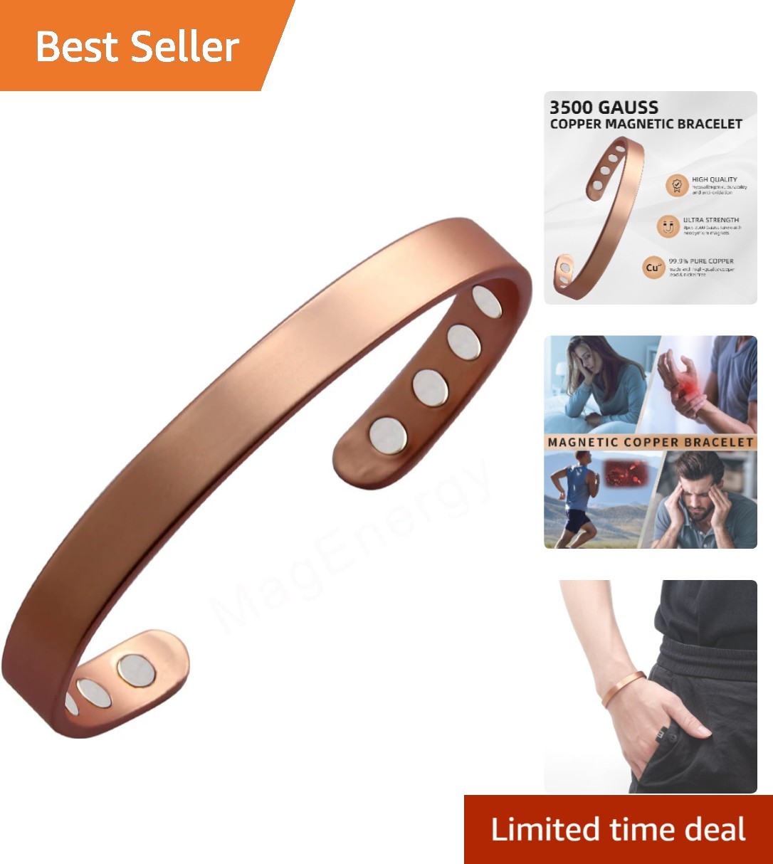 Elegant 99.9% Pure Copper Magnetic Bracelet with 8 Powerful 3500 Gauss Magnets