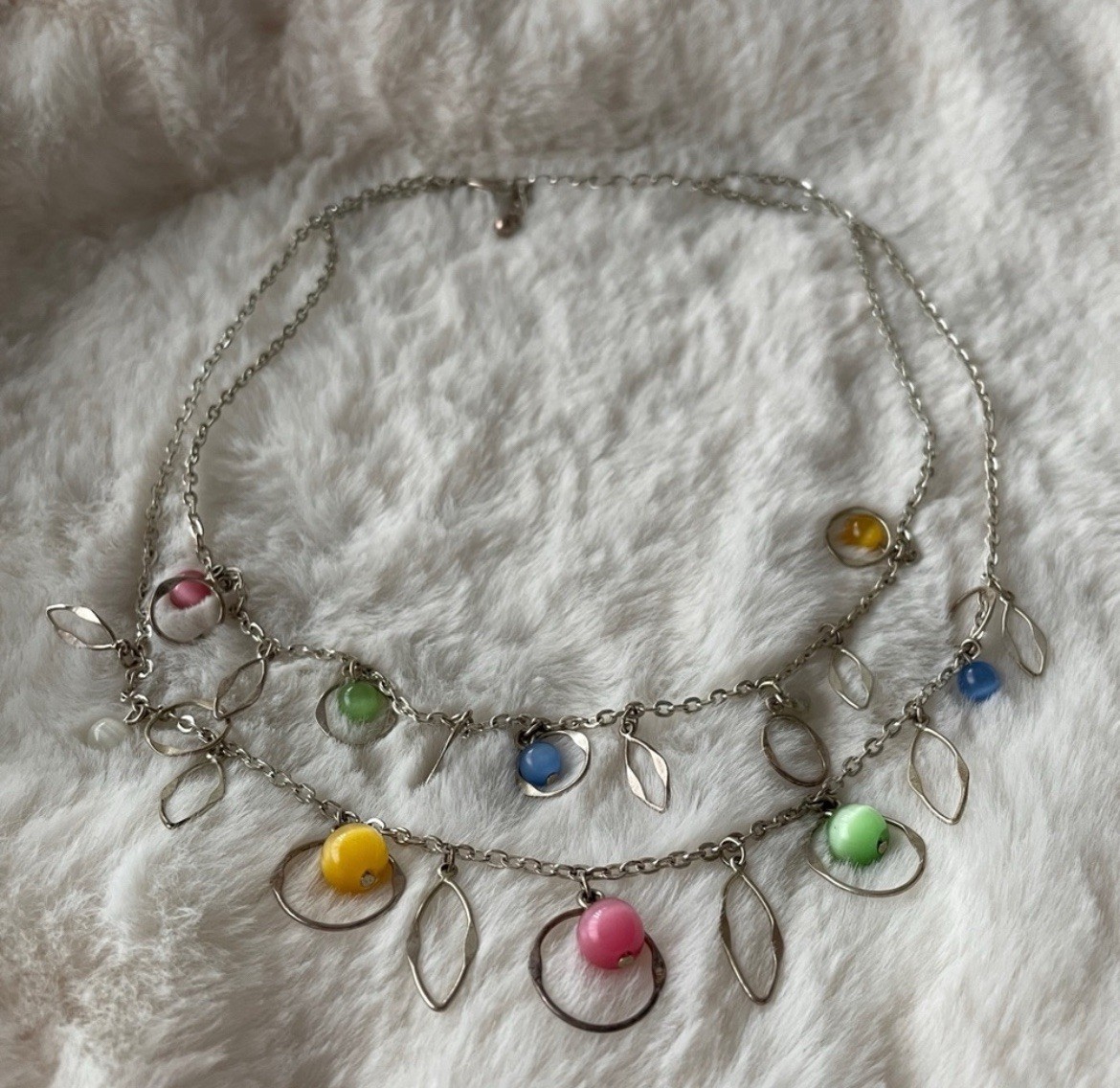 Lia Sophia Silver Tone Cable Chain Necklace Multicolor Bead Dangle Charm Fashion