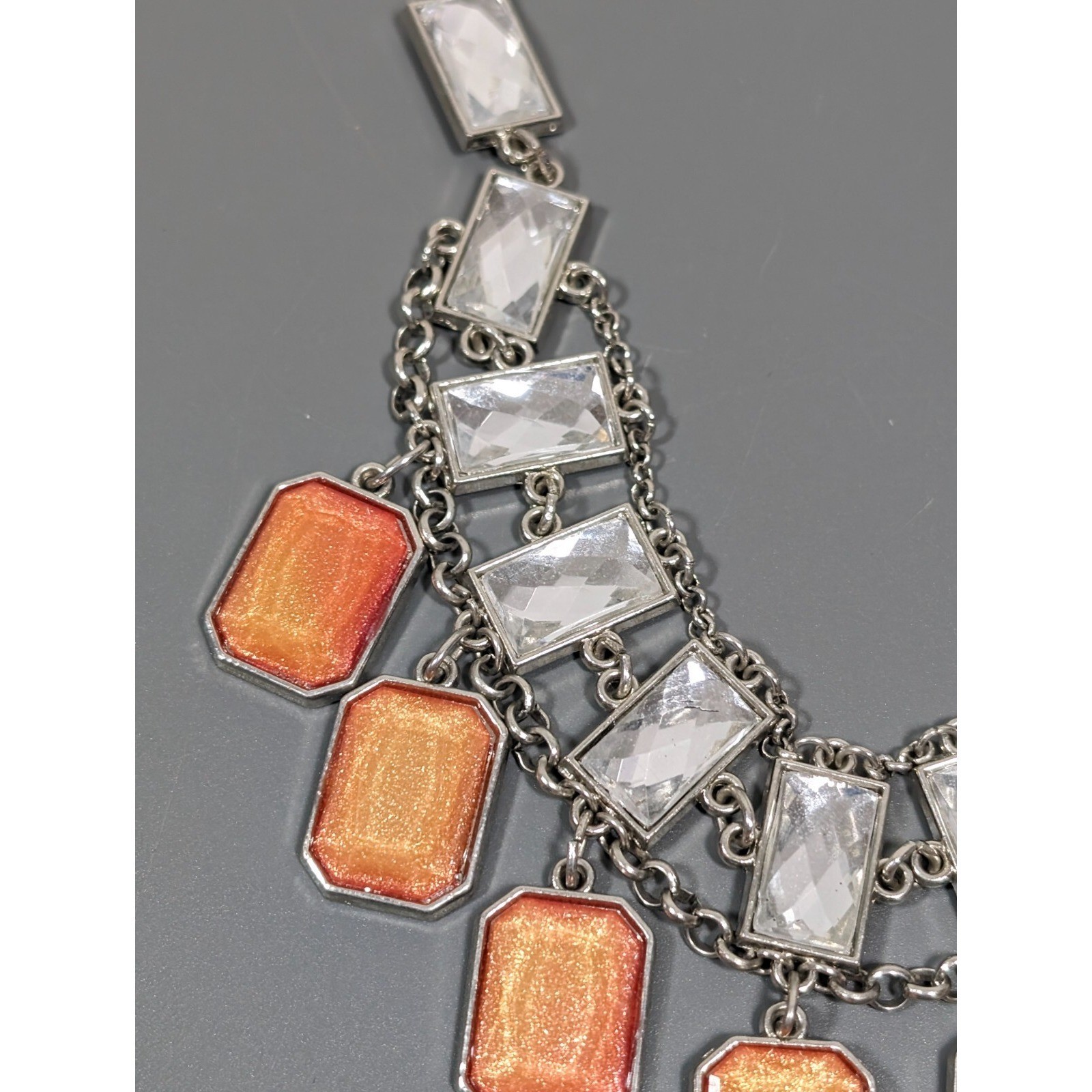NYC Orange Cabochon Rectangle Charm Statement Necklace Silver Tone 21 in