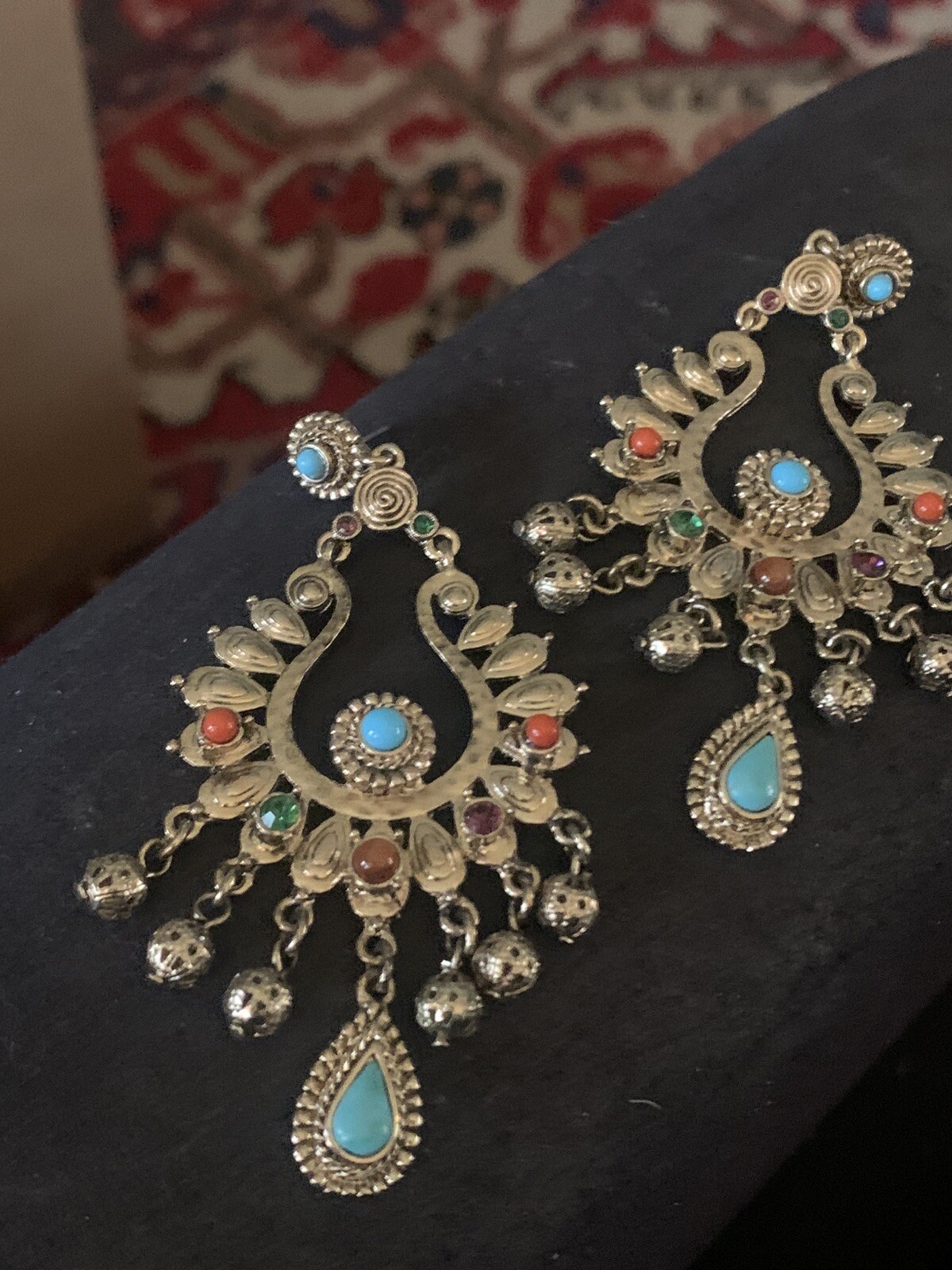 Graziano chandelier earrings, Gripoix Glass Coral Red Blue Turquoise Gorgeous!!