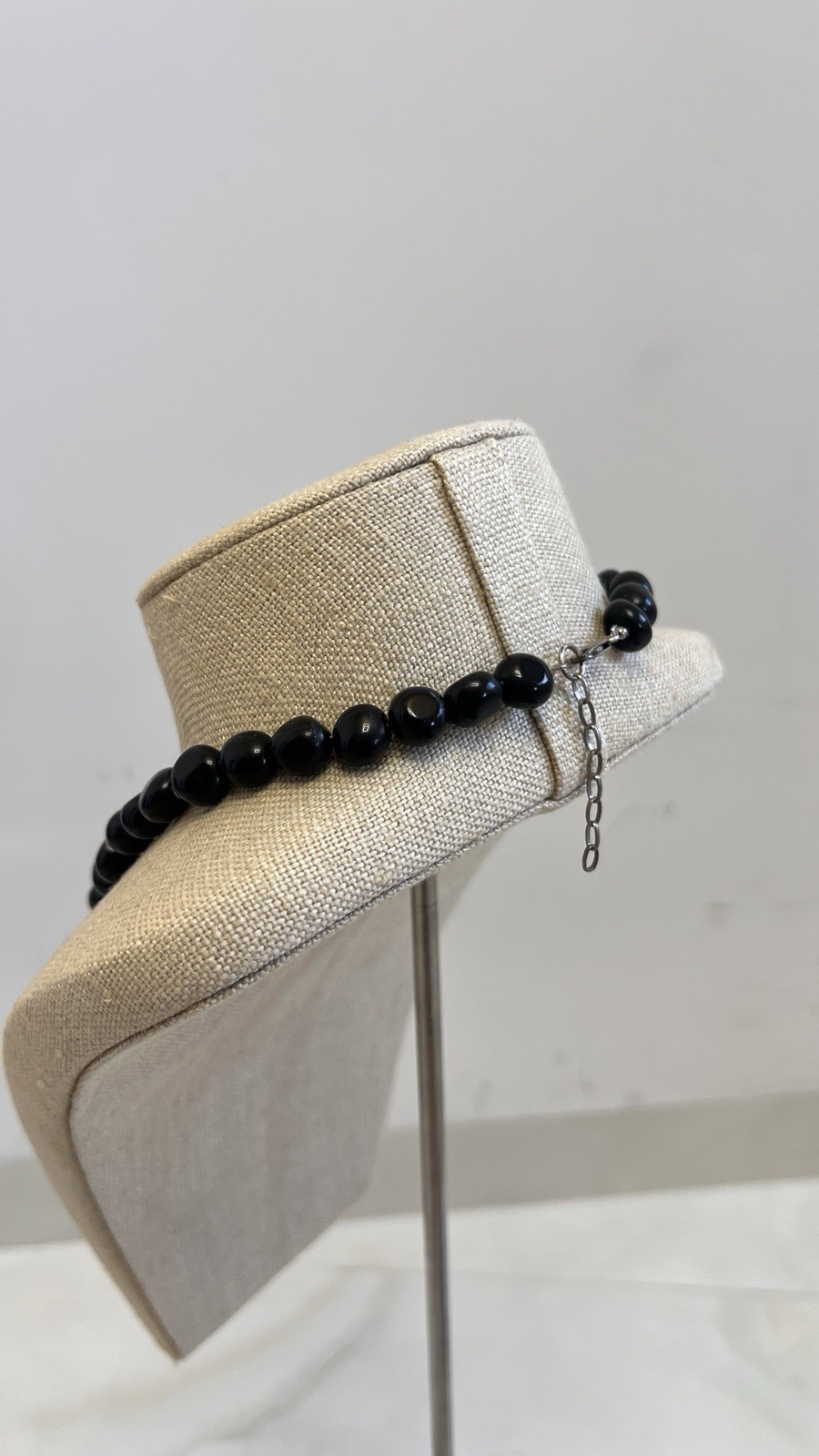 black onyx statement necklace large floral pendant, silver and gold beads, used