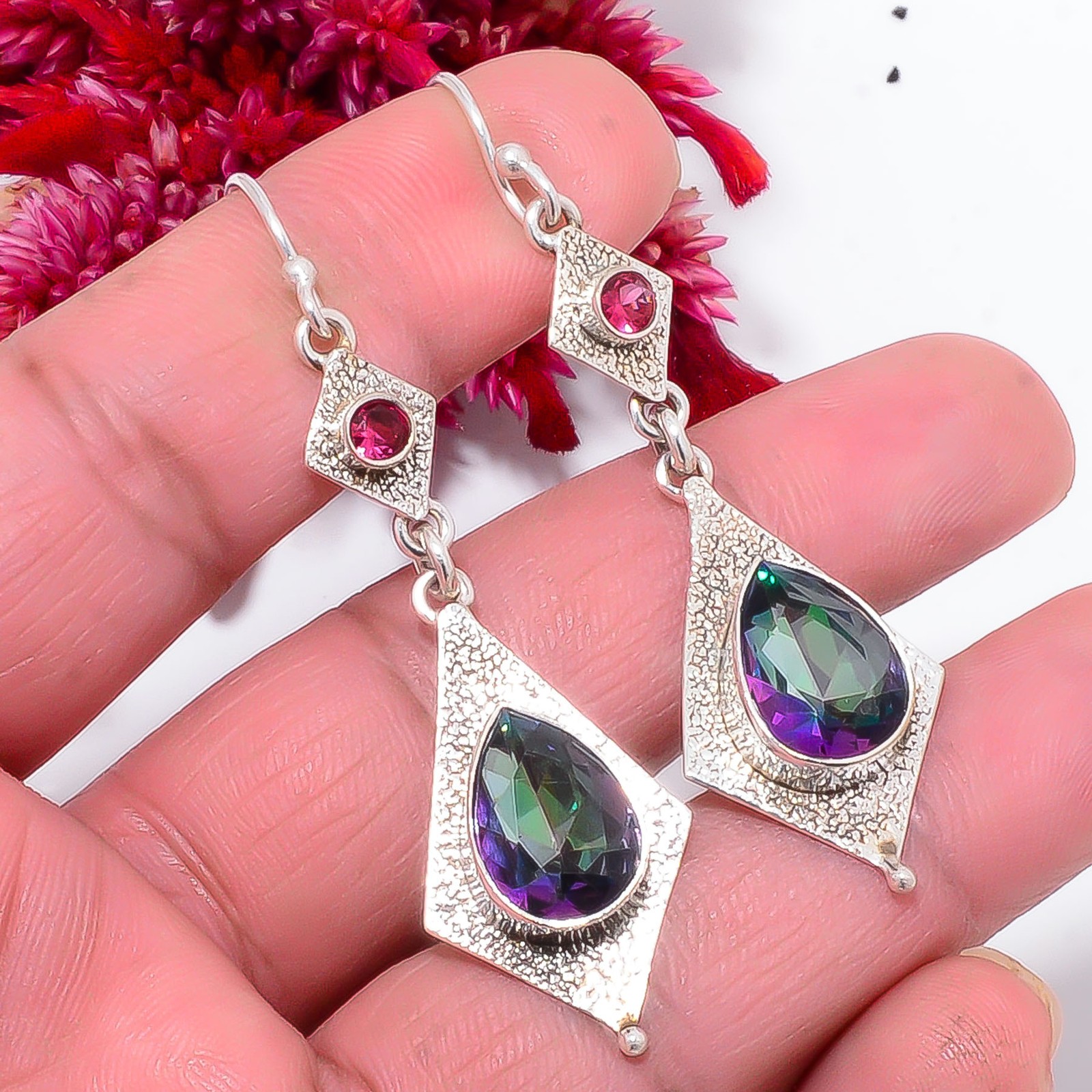 Rainbow Mystic Fire Topaz, Pink Tourmaline 925 Sterling Silver Earring 2.50″ S14