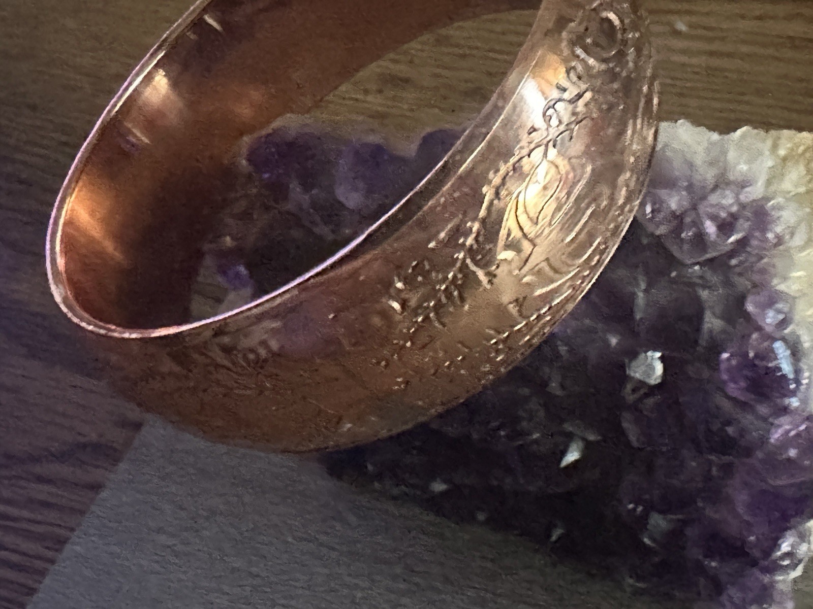 Solid Copper Bangle 7/8 Of An Inch wide. Will fit a 6 1/2 to 7 inch wrists.