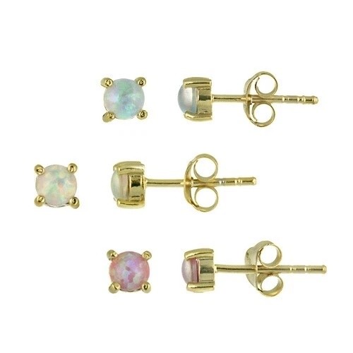 Gold over 925 Silver Round Lab Created Opal Stud Earrings Set