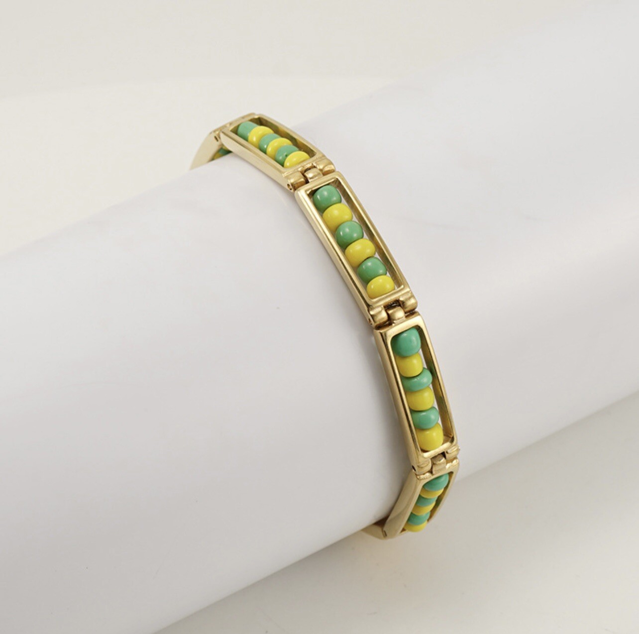 Stainless Steel Green Yellow Beads Amulet Protection Orula Bracelet 8-9 Inches