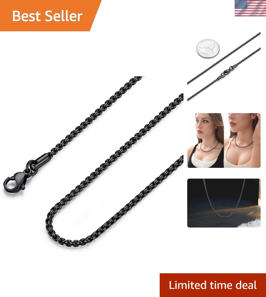 Versatile 24” Black Stainless Steel Chain Necklace – 2mm, 3mm, 4mm & 5mm Options