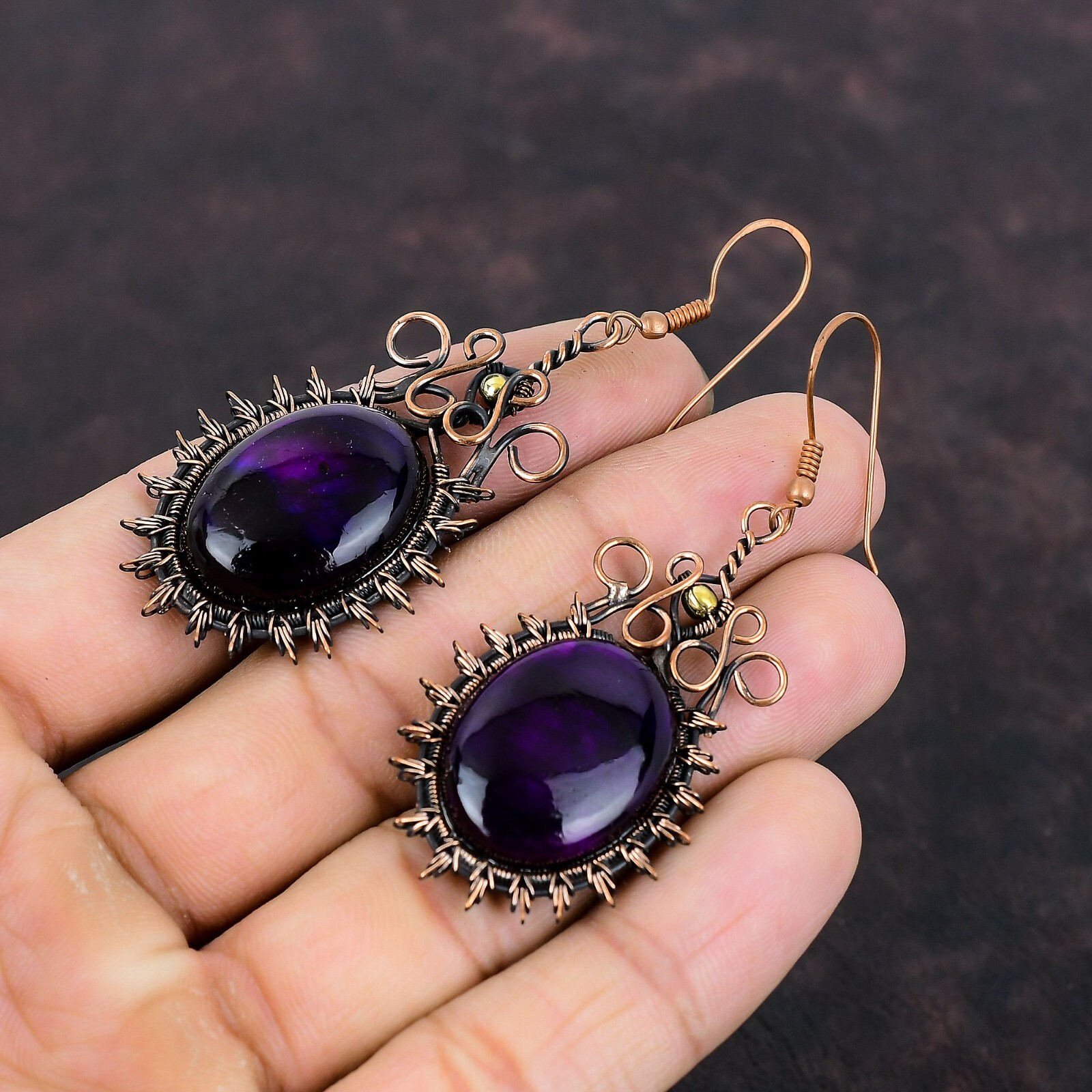 Purple Fire Labradorite Wire Wrapped Drop/Dangle Earrings Copper For Girls 2.91″