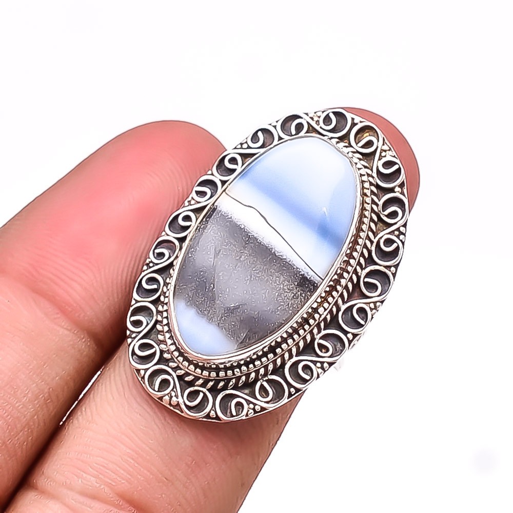 Banded Blue Opal – Owyhee Gemstone 925 Sterling Silver Bali Ring S.8 R23