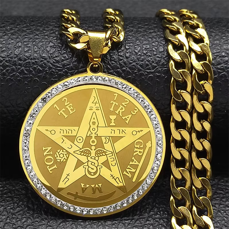 Tetragrammaton Hebrew Jewish Pentagram Necklace for Men Stainless Steel Crystal