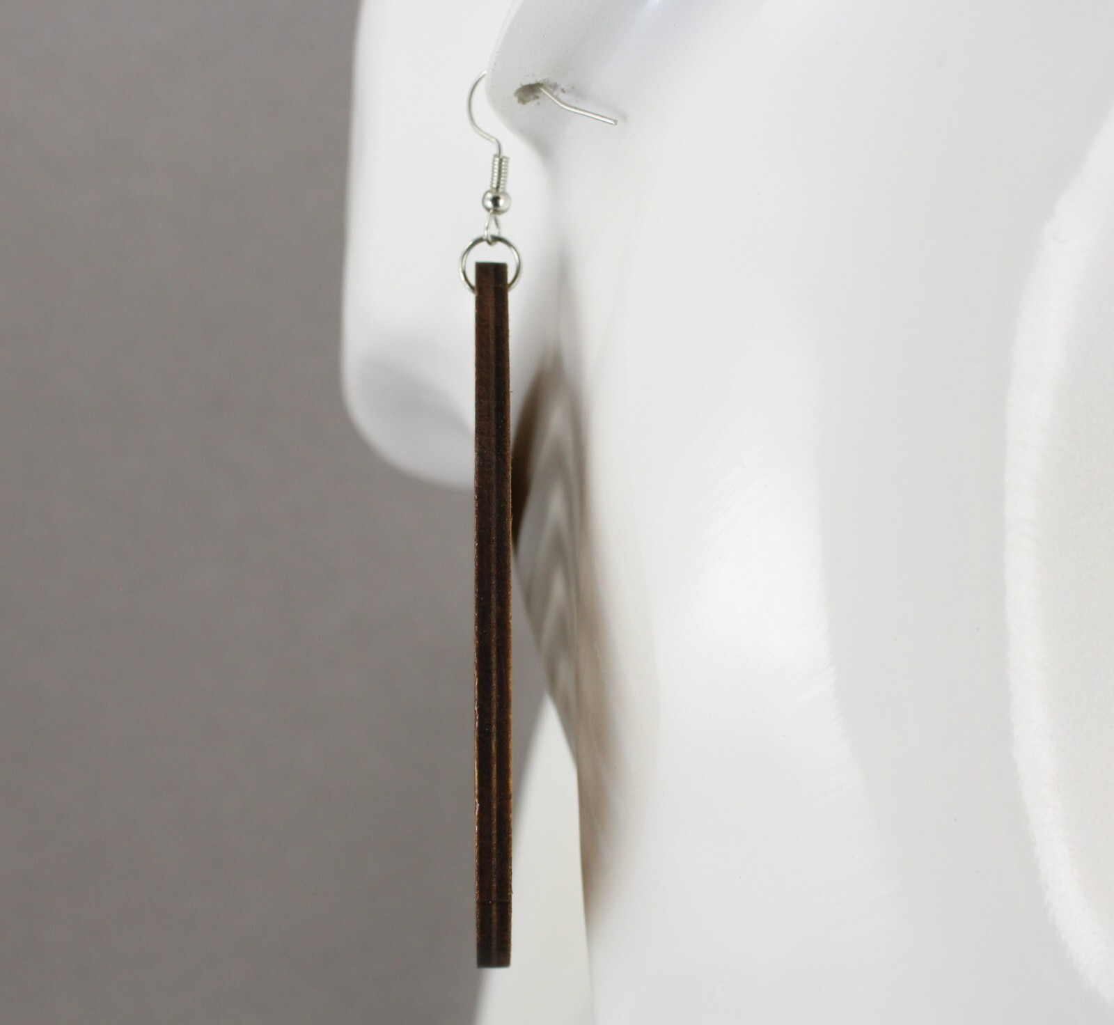 Brown chevron pattern earrings dangle teardrop lightweight wood 3 7/8″ long