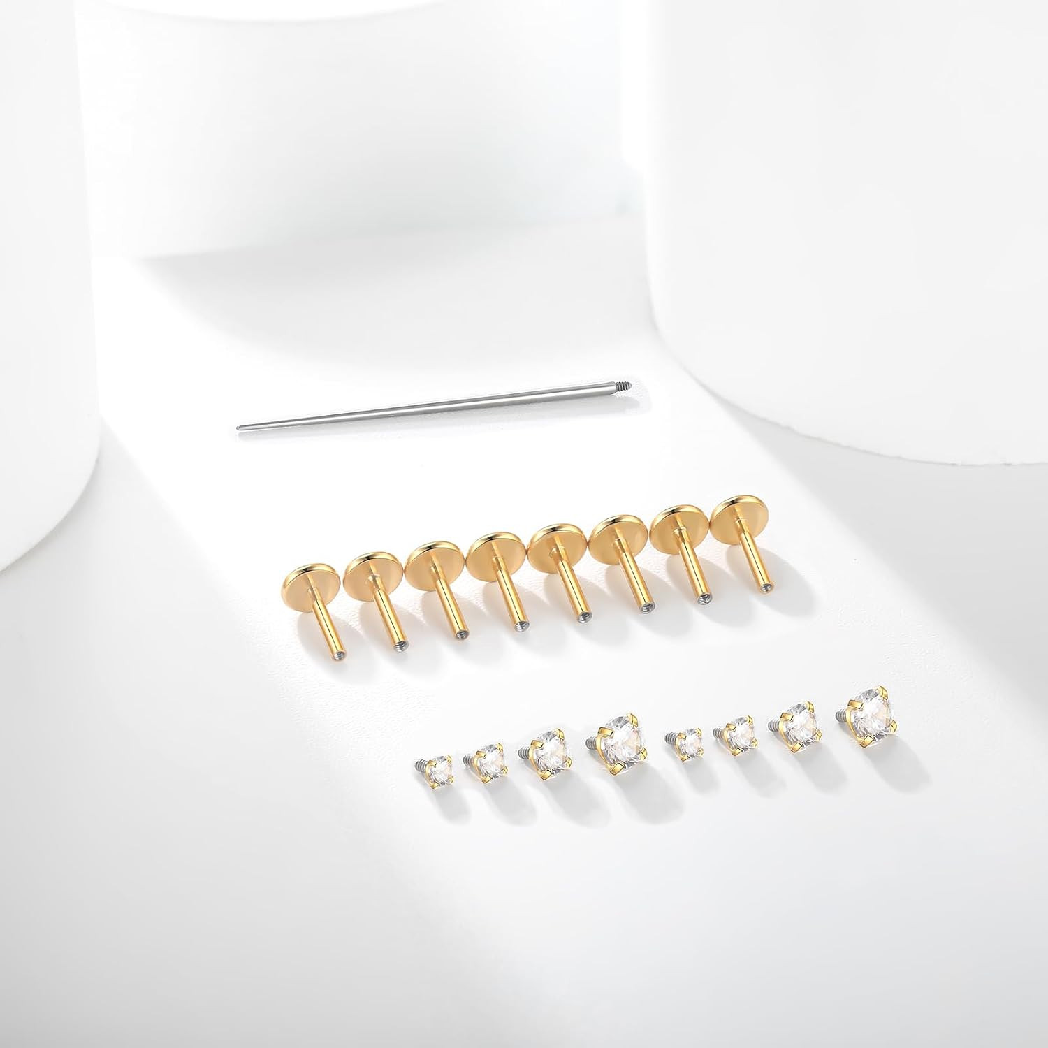 Flat Back Stud Earrings 14K Gold Plated Internally Threaded CZ Stud Piercing Jew