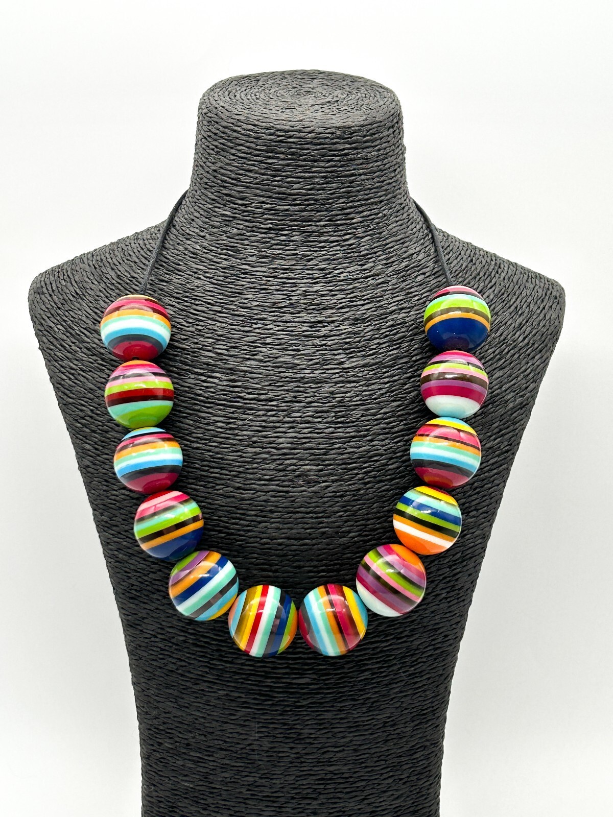 Vintage Chunky Rainbow Striped Pop Art Resin Bead Necklace Adjustable Statement