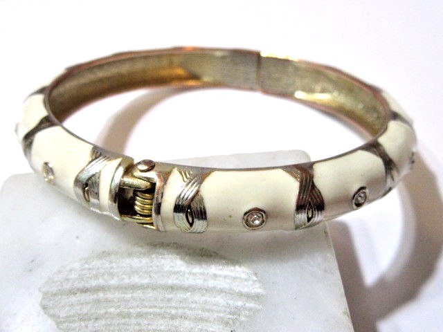 Off White Light Beige Enamel w Crystals Clamper Hinged Bracelet Modern