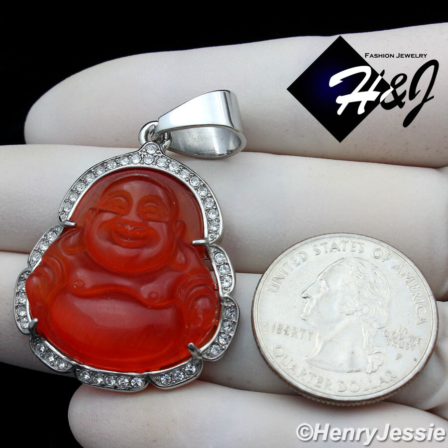 18″-36″MEN Stainless Steel 3mm Silver Box Chain Carnelian Rhinestone Pendant*117