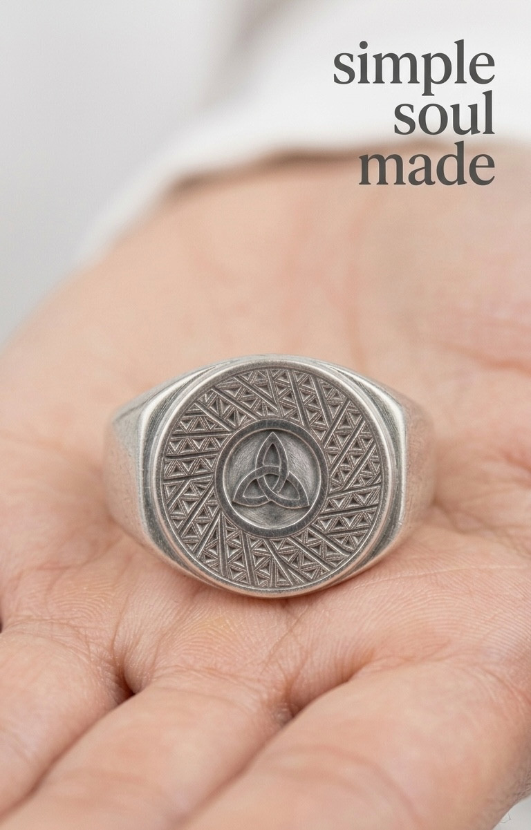 Fine Silver Celtic Trinity Knot Signet Ring Irish Triquetra Statement Jewelry