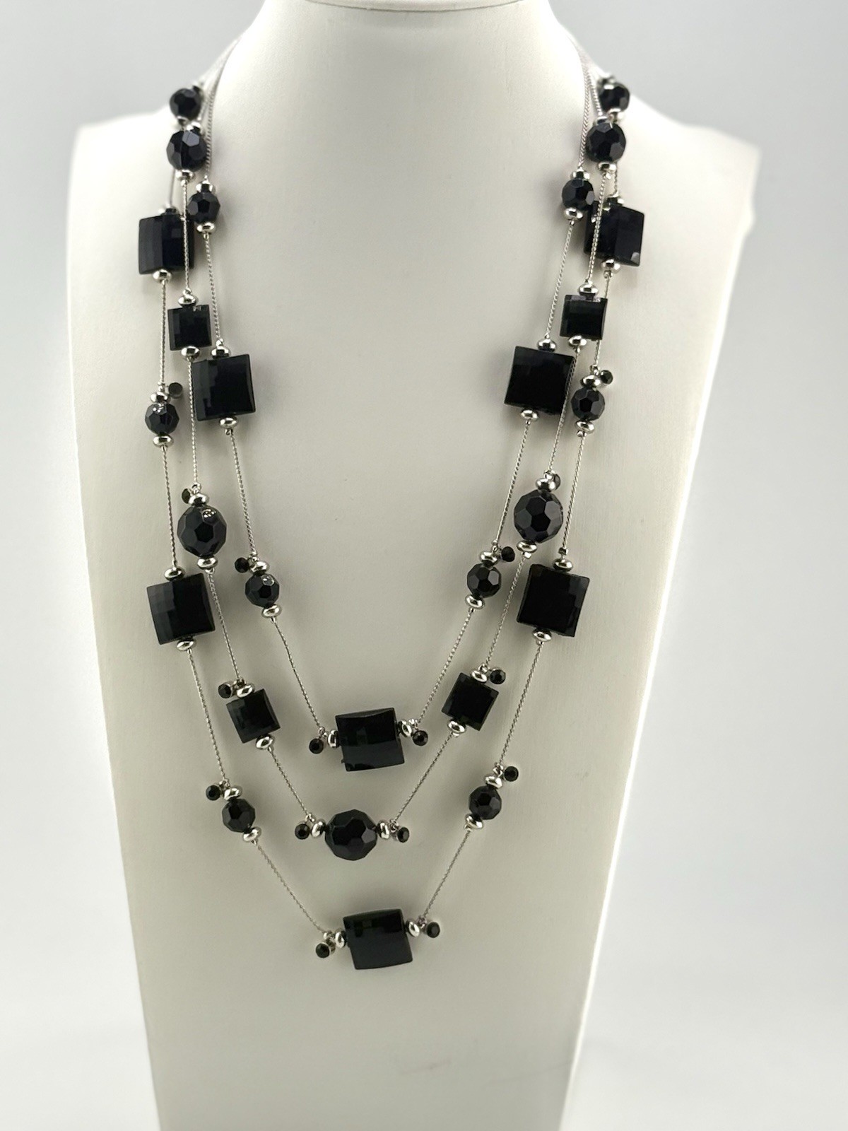 Sliver Tone Black Beads Rhinestones, 3 Layered Necklace 21 Inch L AB-8