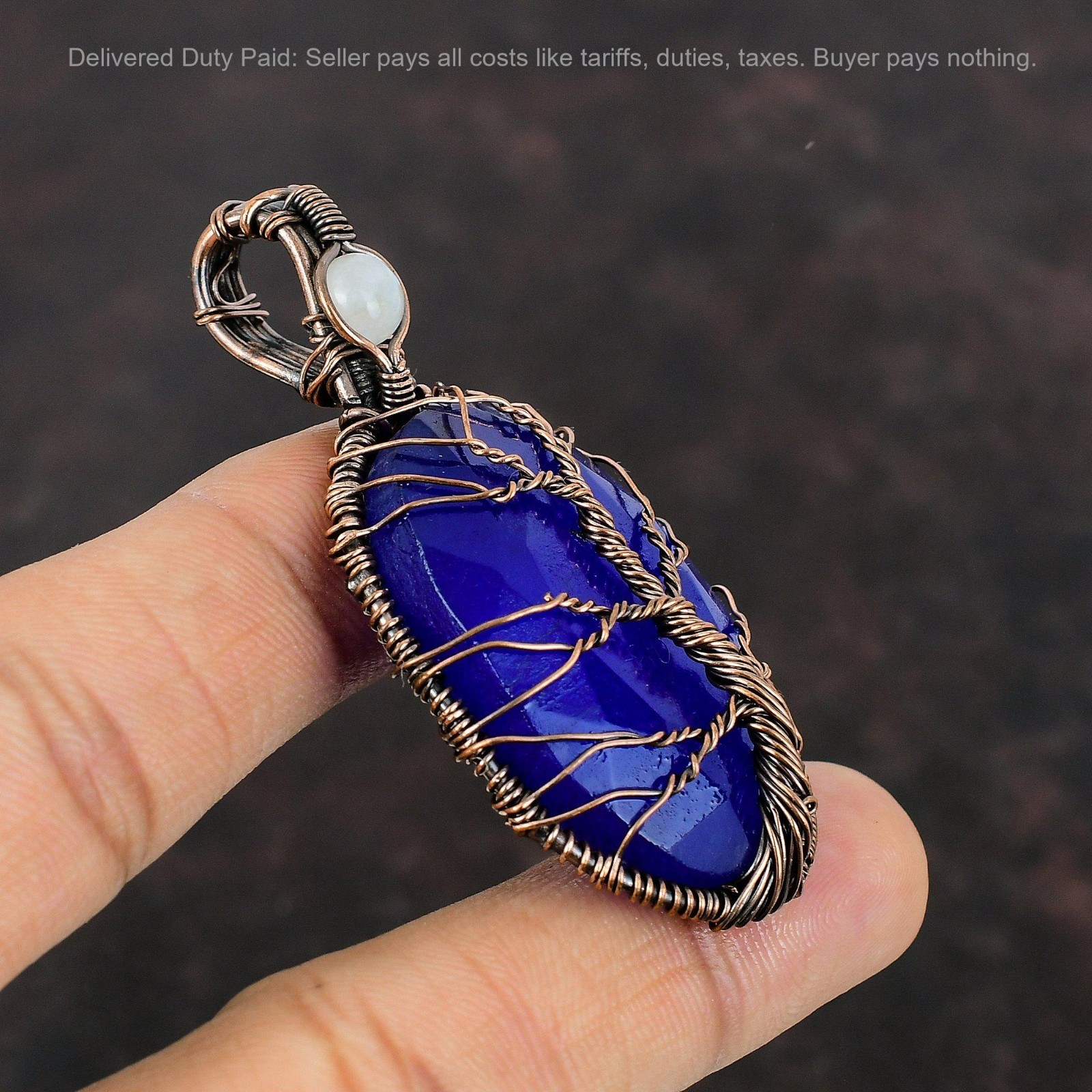 Blue Saphire Stone Rainbow Moonstone Wire Wrapped Tree Of Life Pendant Copper