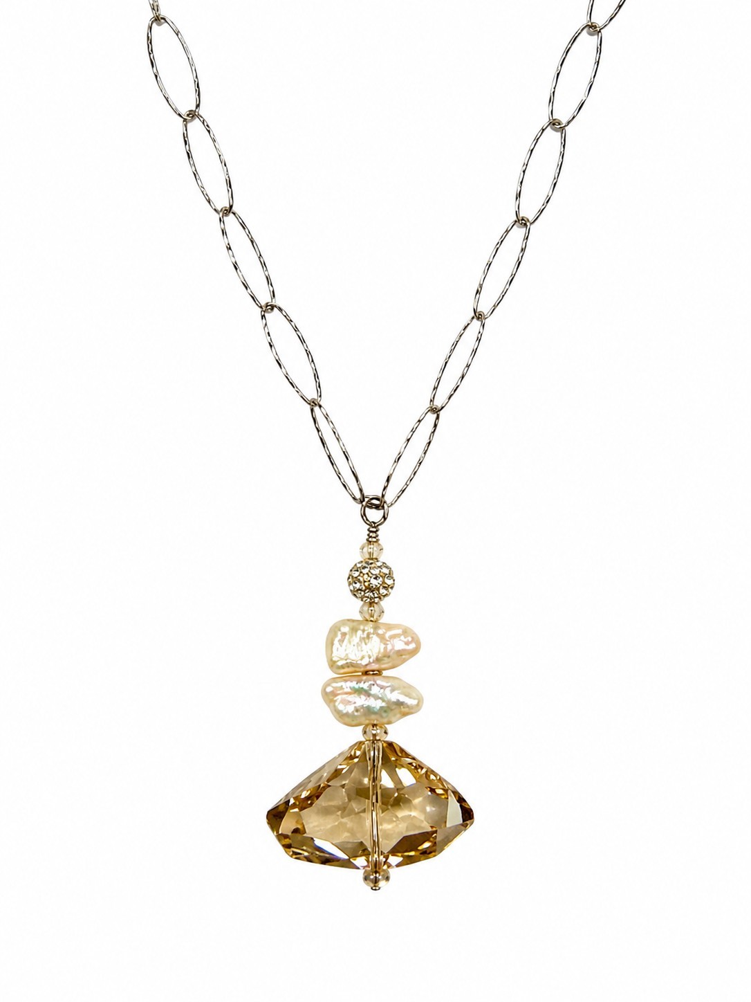 Silver Tone Champagne Crystal & Freshwater Biwa Pearl Pendant Necklace 18.4″