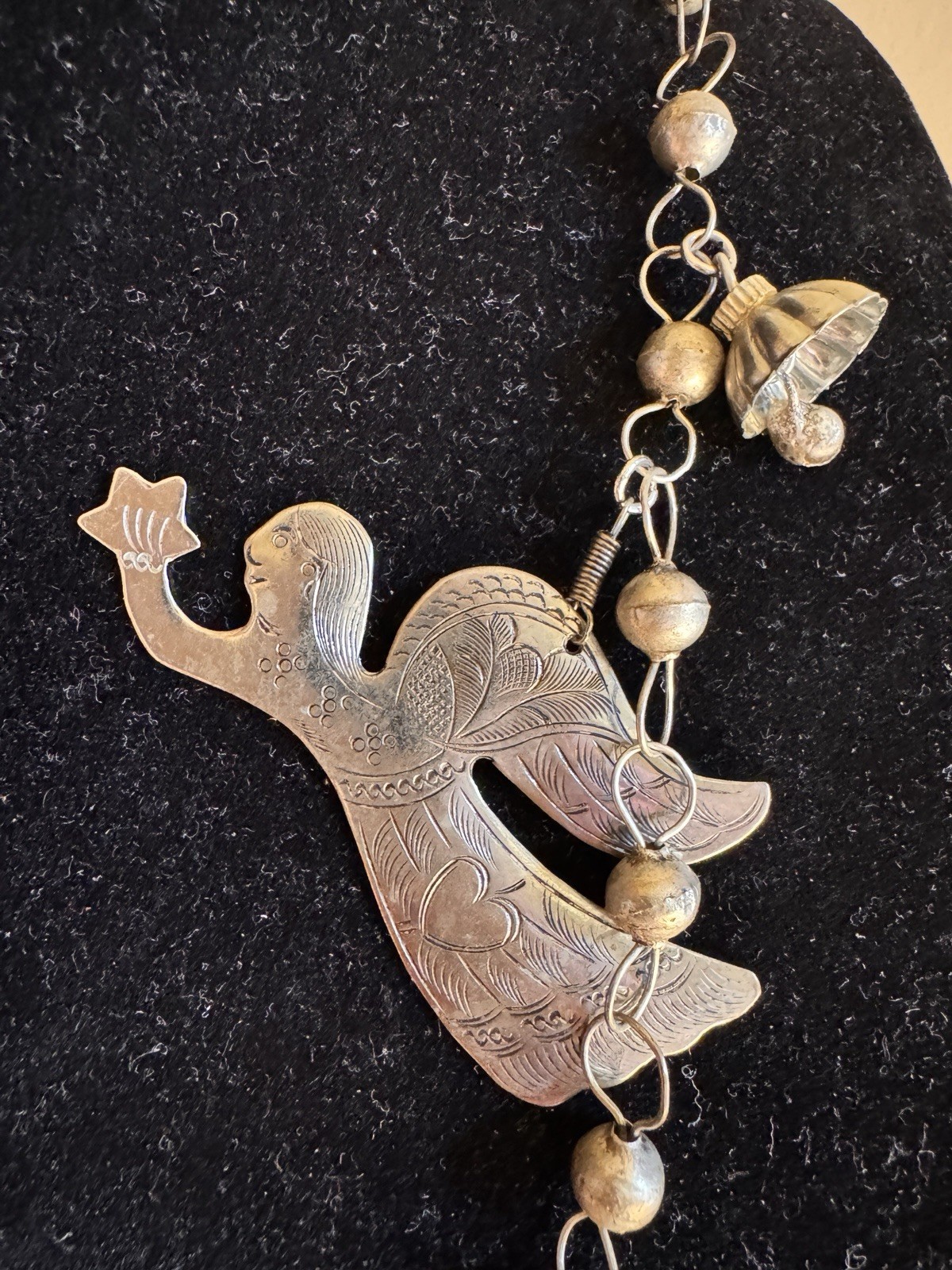 Vintage Artisan Milagro Etched Brass Flying Angel large Charm Necklace