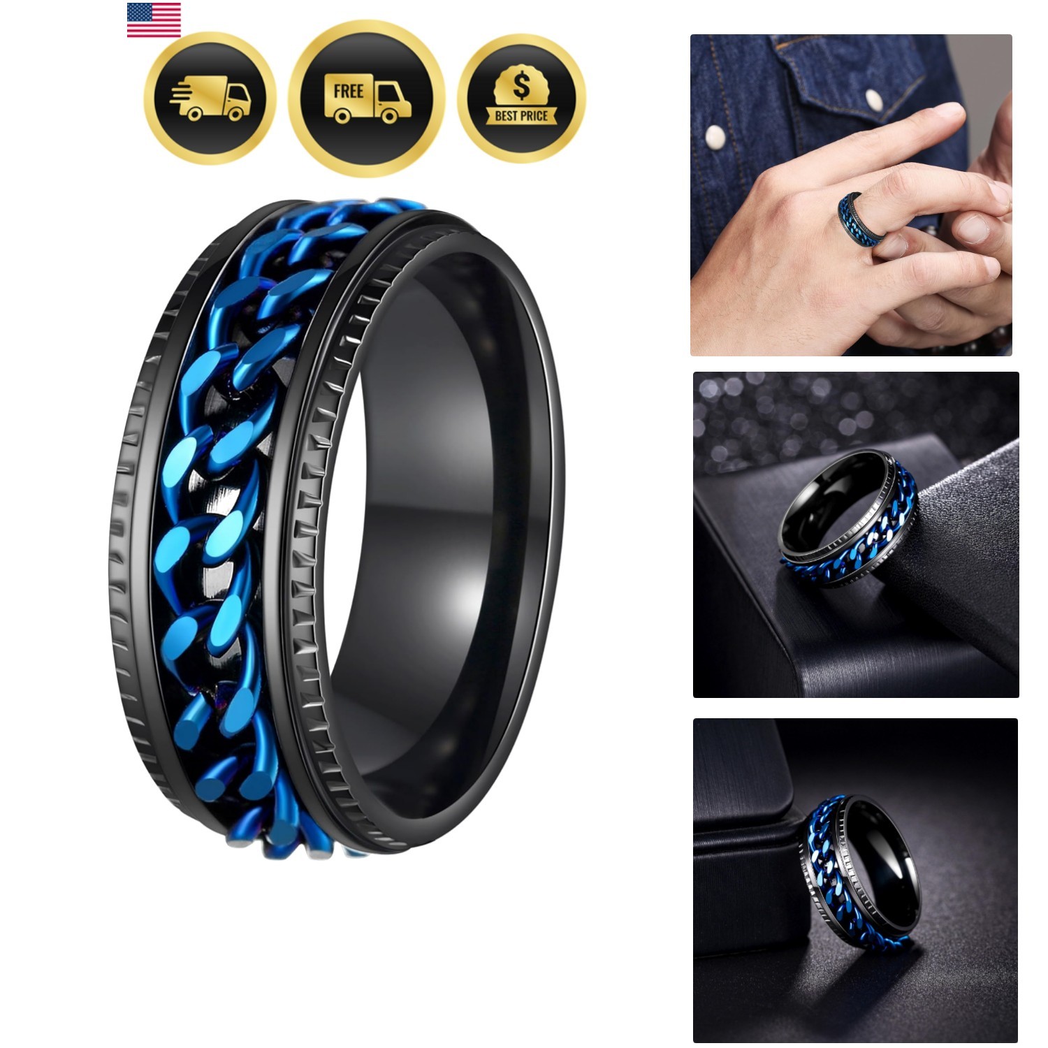 Mens Fidget Rings Anxiety Rings for Men Womens Chain Spinner Rings for Adults…
