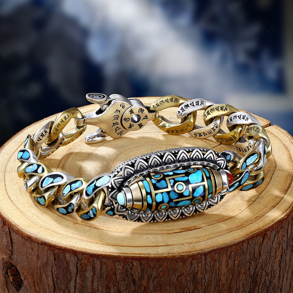 Men’s Transit Bracelet Six Character Truth Nine Eyes Dzi Personalized Turquoise