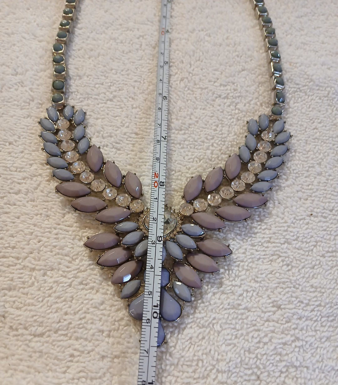 Vintage Lavender Mauve Rhinestone Bib Necklace Chevron V Statement Clear Stones