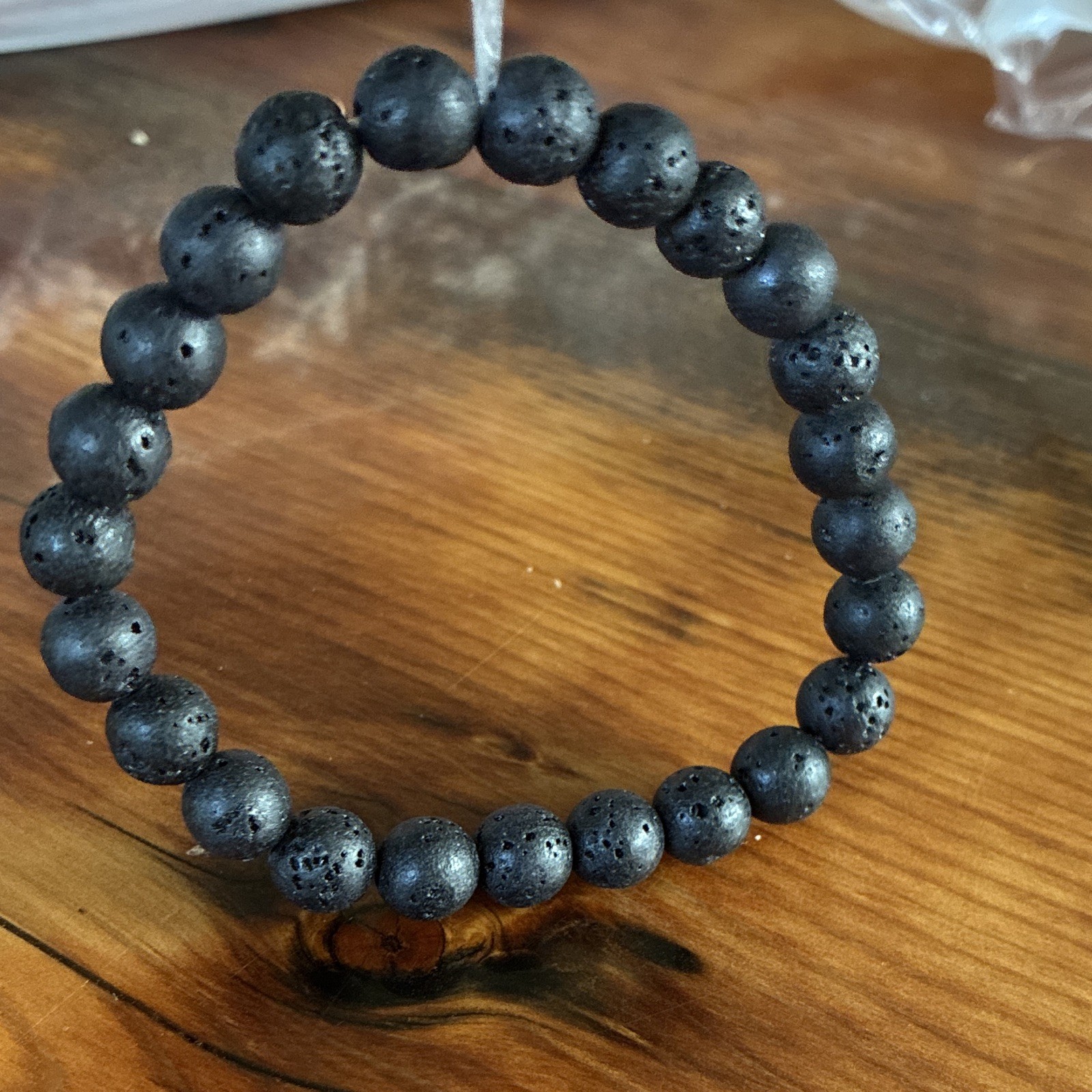 Set of 2 Stackable Beaded Stretch Bracelets Lava Rock Black Brown Round Beads