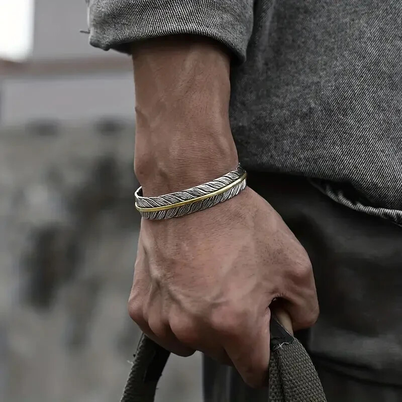 Men Vintage Silver Feather Cuff Bracelet Adjustable Wrist Bangle Bracelet Gift