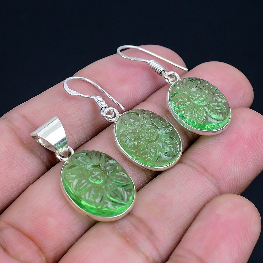 Tsavorite Carving 925 Silver Plated Handmade Pendant & Earrings Set of 1.56
