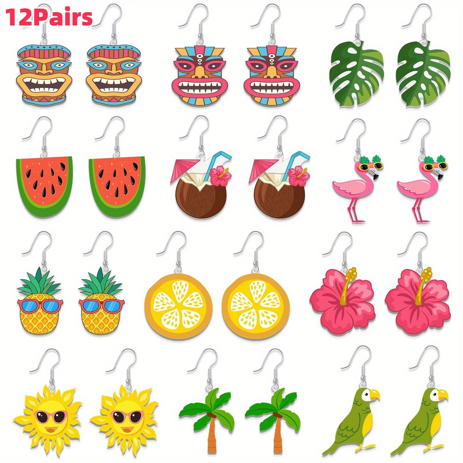 12Pairs Hawaii Cute Pendant Dangle Earrings Bohemian Style Perfect for Beach