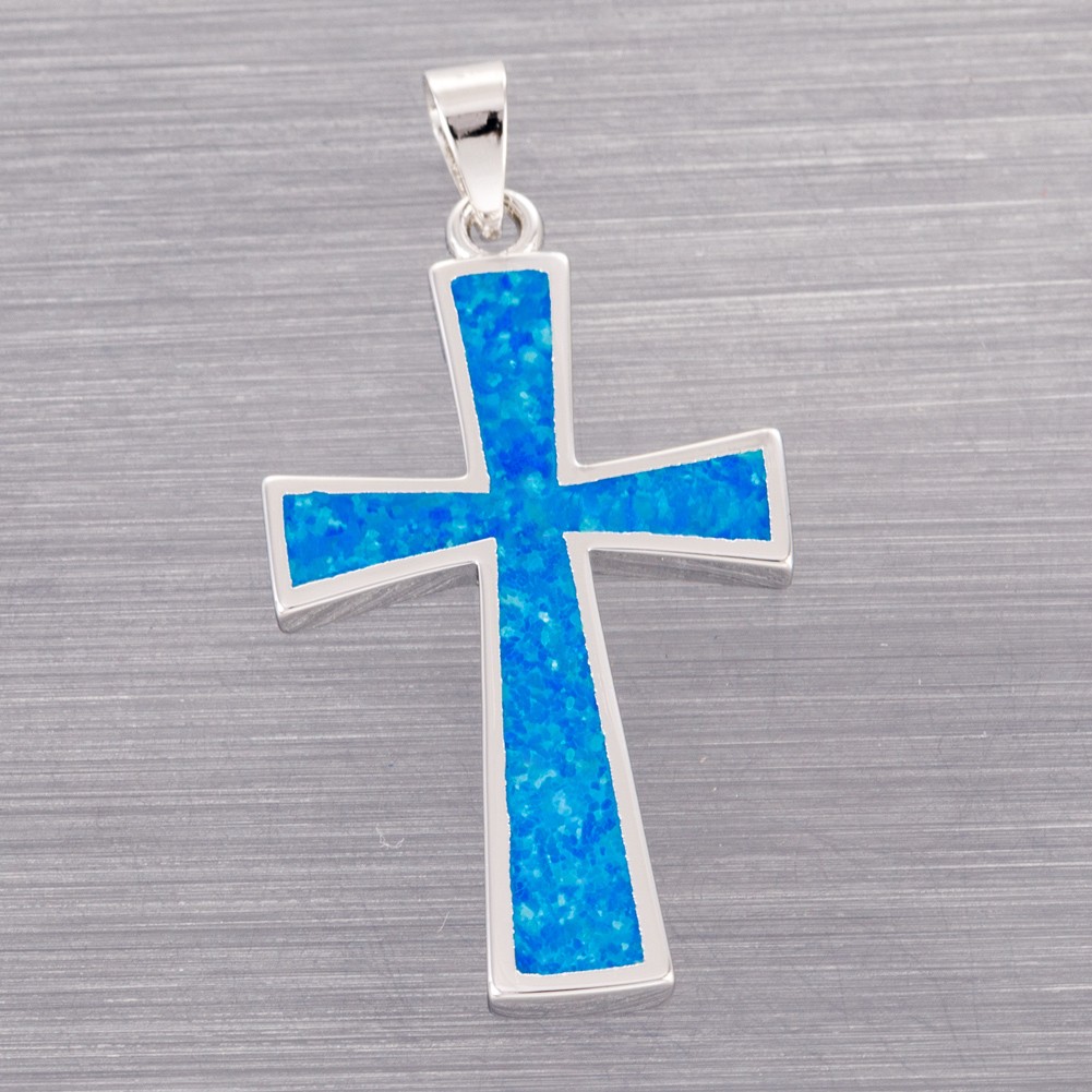Classic Latin Cross Ocean Blue Fire Opal Silver Jewelry Necklace Pendant