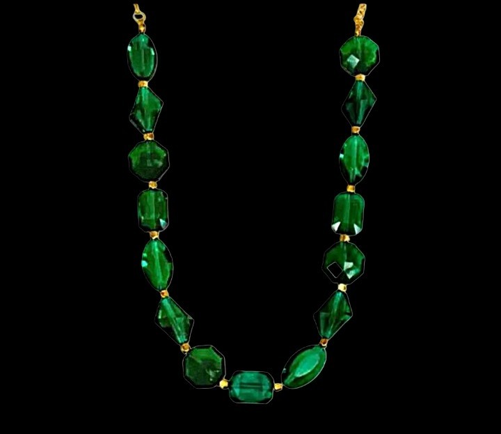 Green glass bead necklace with mixed glass beads shapes and small gold beads New