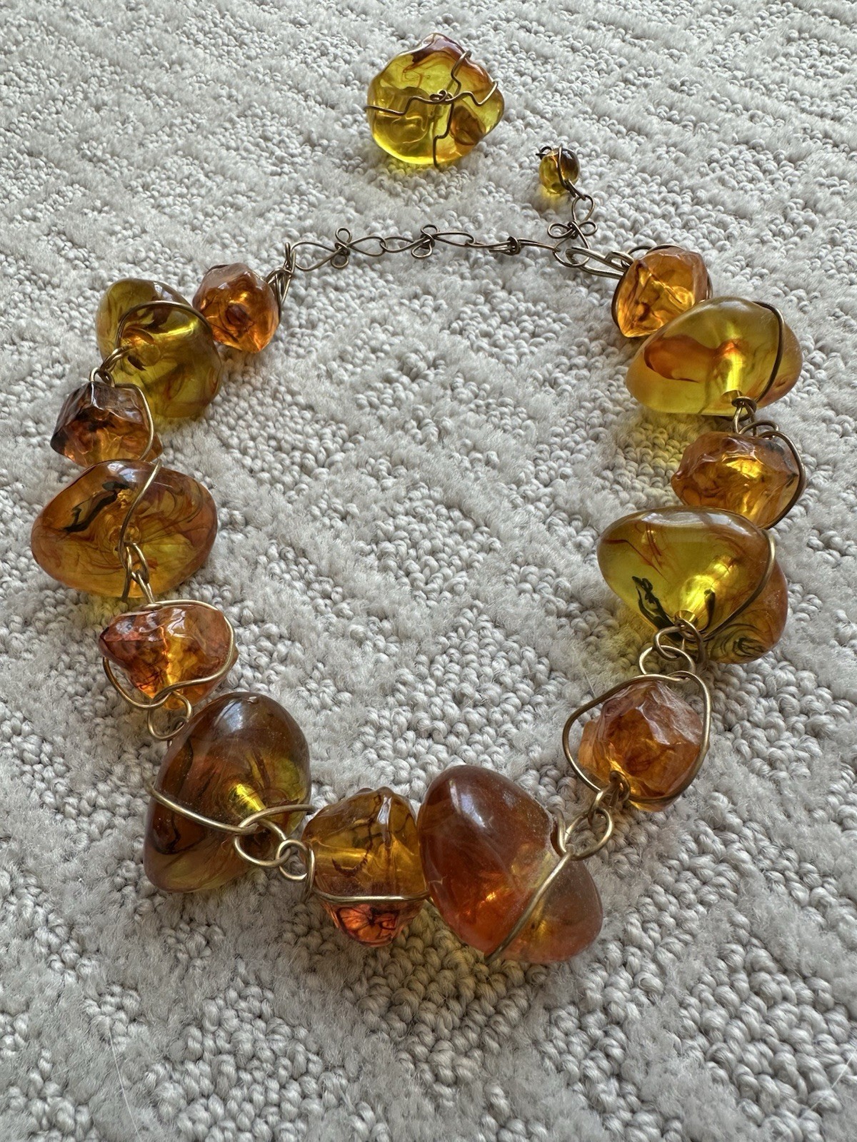 ABRA Signed Amber Freeform Beaded Wire Wrap Necklace Link & Clip On Earrings