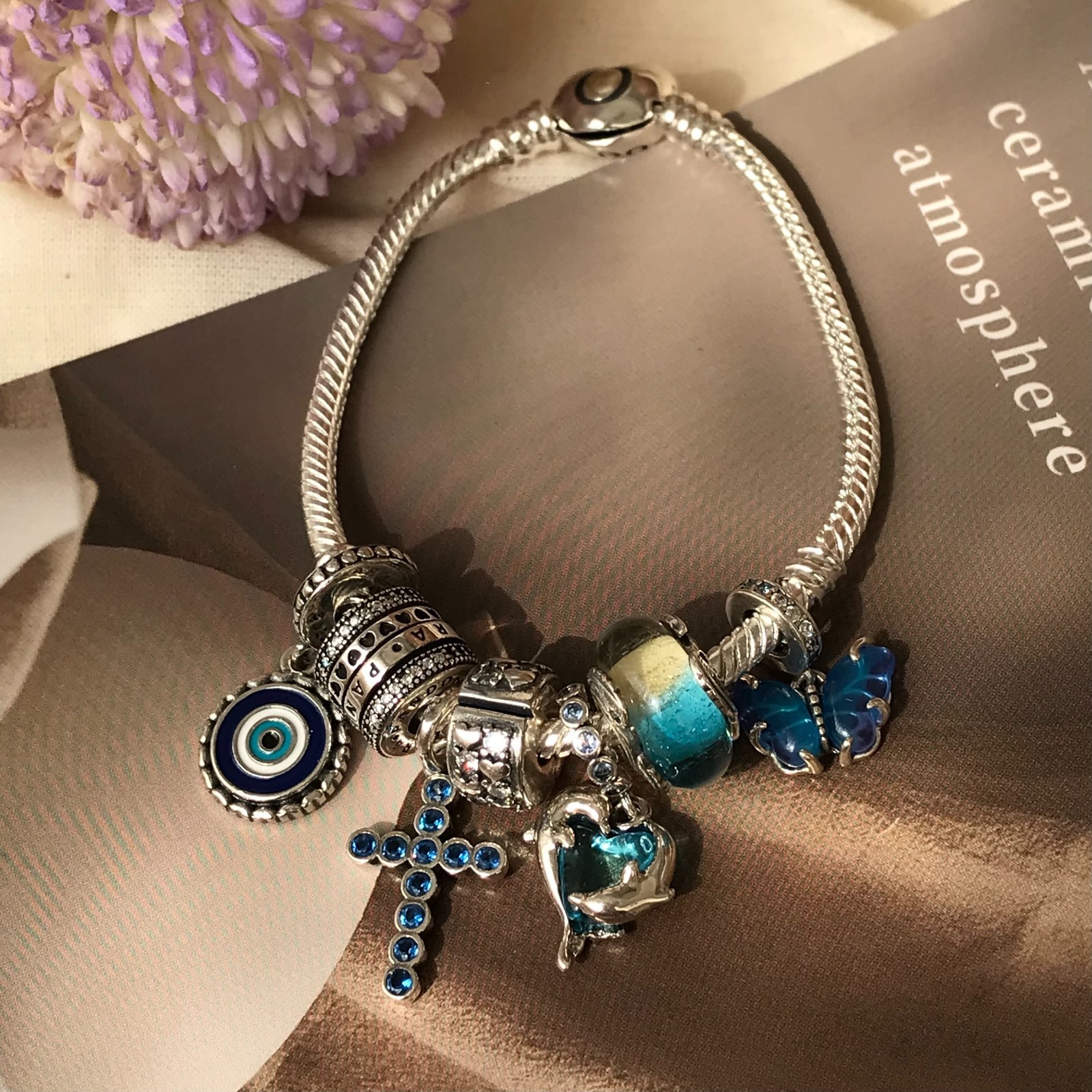 Pandora Blue Murano Glass Butterfly Dangle Charm Sterling Silver CZ #792698C01