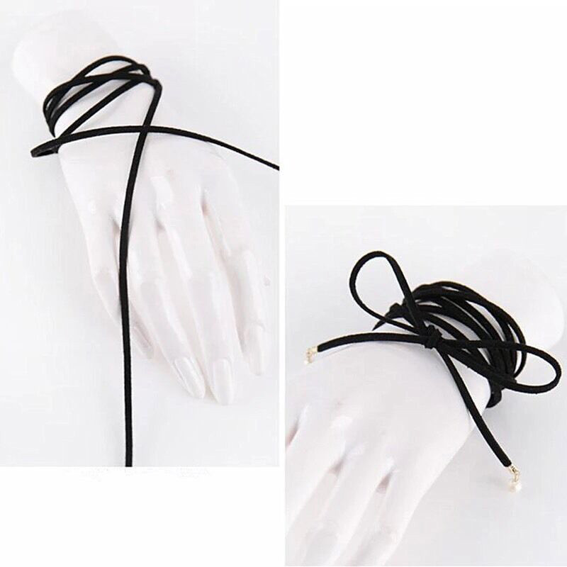 New Long Black Faux Suede & Pearl Choker Necklace #N2043