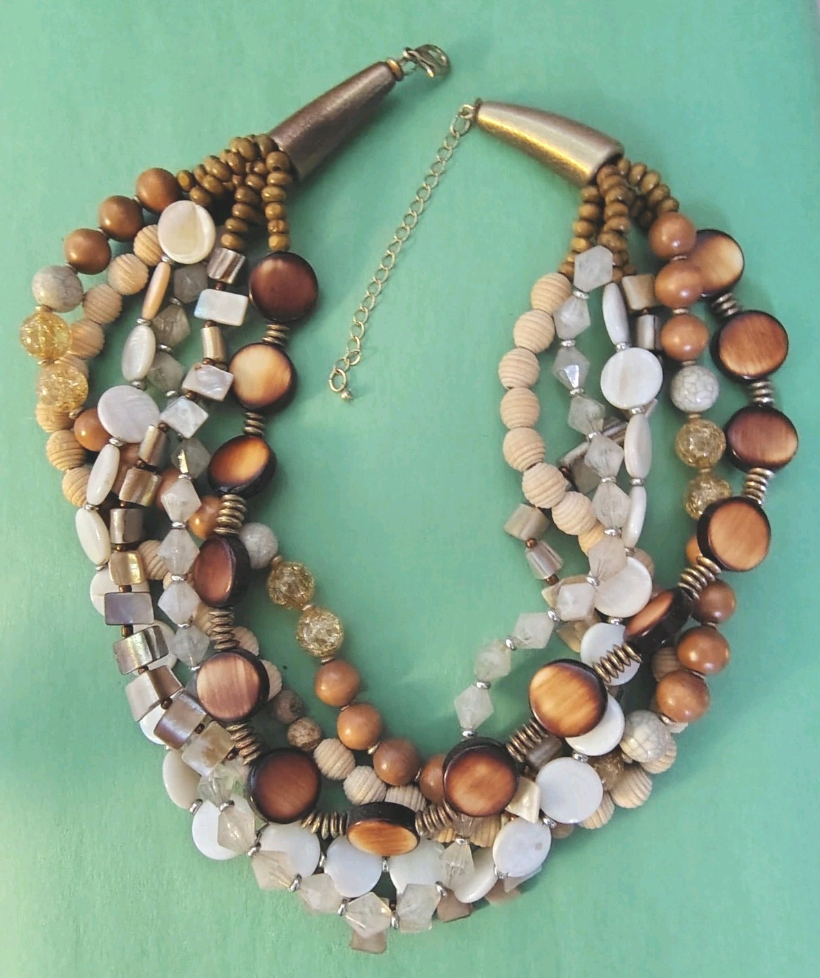Multi Stranded MOTHER of Pearl, Shell, Acrylic, Stone & Wooden Beaded Necklace