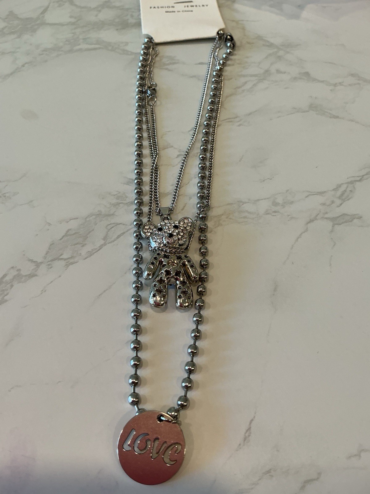 Silver Tone Layered Ball Chain Necklace Crystal Teddy Bear Charm Love Pendant