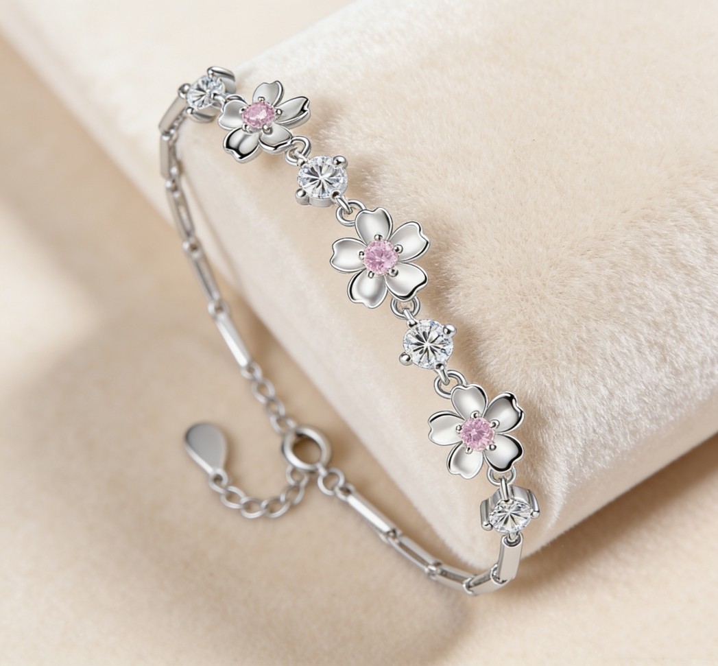 Fashion Pink zircon Cherry Blossom Chain Link Spliced Silver Plated Bracelet