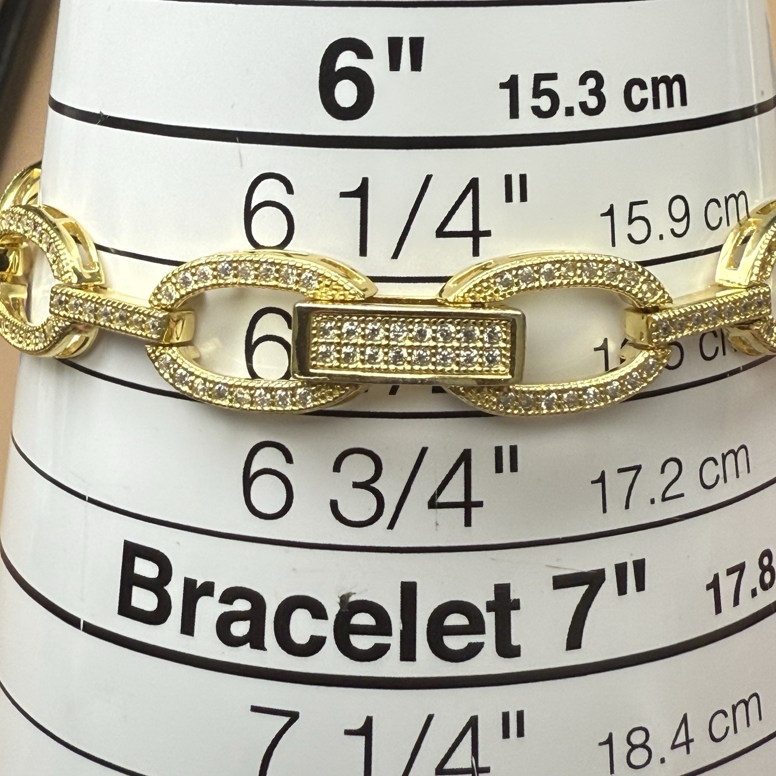 REL 925 Sterling Silver Gold Plated C Z Oval Bar Link Bracelet 6.5” 10g 9.1mm